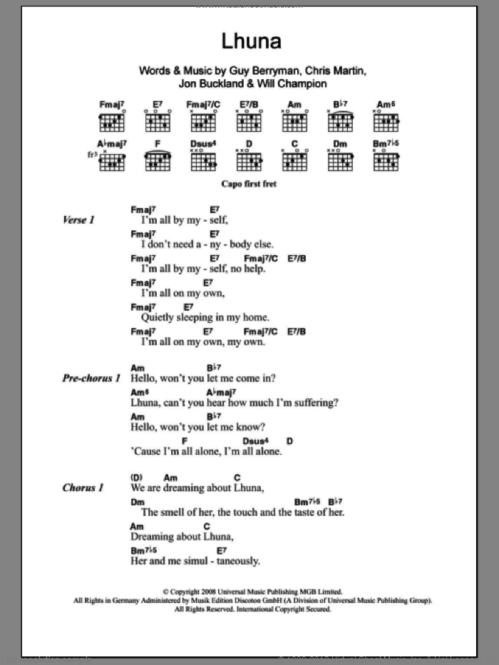 Lhuna sheet music for guitar (chords) by Coldplay, Chris Martin, Guy Berryman, Jon Buckland and Will Champion, intermediate skill level