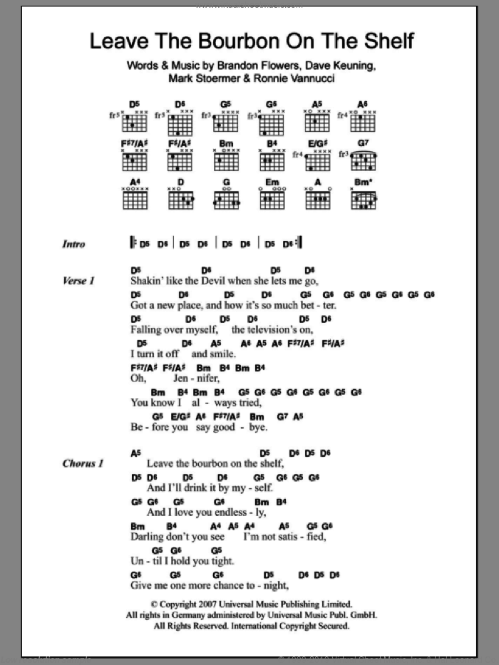 Leave The Bourbon On The Shelf sheet music for guitar (chords) by The Killers, Brandon Flowers, Dave Keuning, Mark Stoermer and Ronnie Vannucci, intermediate skill level