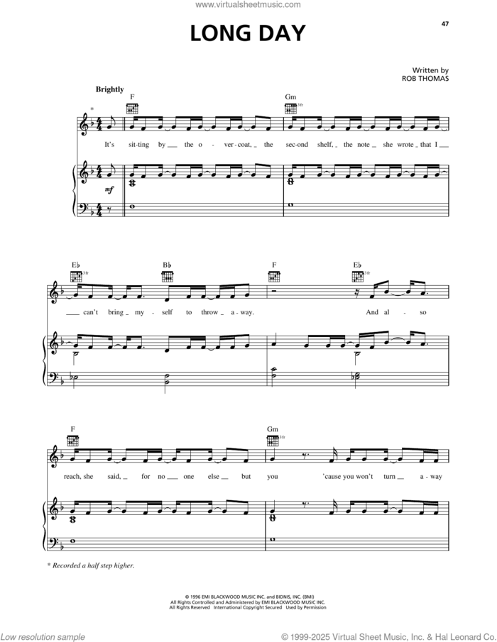 Long Day sheet music for voice, piano or guitar by Matchbox Twenty and Rob Thomas, intermediate skill level
