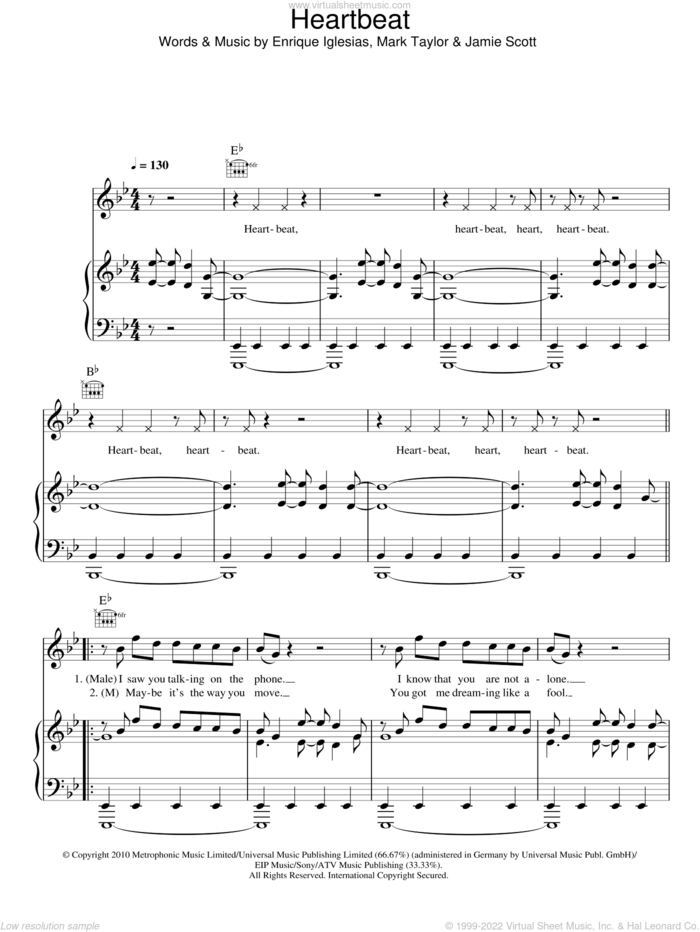 Heartbeat sheet music for voice, piano or guitar by Enrique Iglesias featuring Nicole Scherzinger, Enrique Iglesias, Jamie Scott and Mark Taylor, intermediate skill level