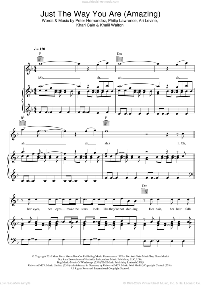 Just The Way You Are sheet music for voice, piano or guitar by Bruno Mars, Ari Levine, Khalil Walton, Khari Cain, Peter Hernandez and Philip Lawrence, wedding score, intermediate skill level