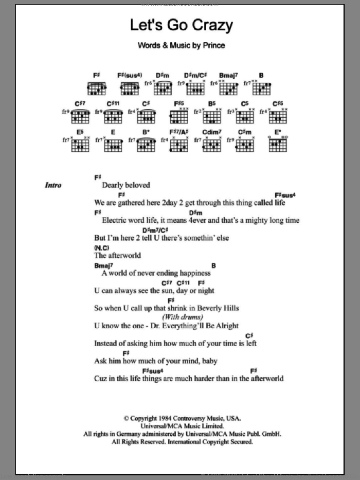Let's Go Crazy sheet music for guitar (chords) by Prince and Prince & The Revolution, intermediate skill level