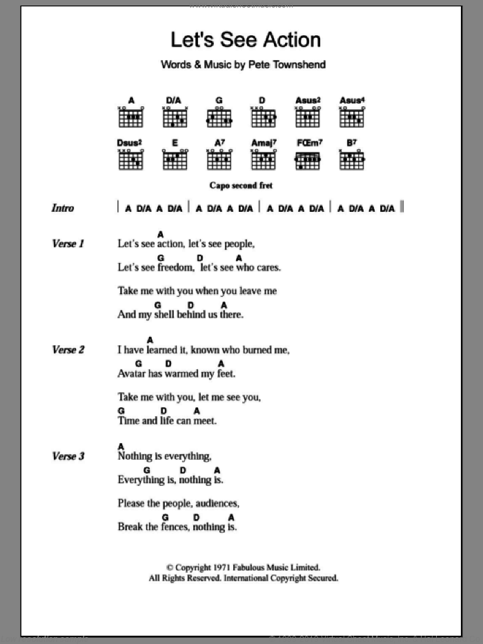 Let's See Action sheet music for guitar (chords) by The Who and Pete Townshend, intermediate skill level