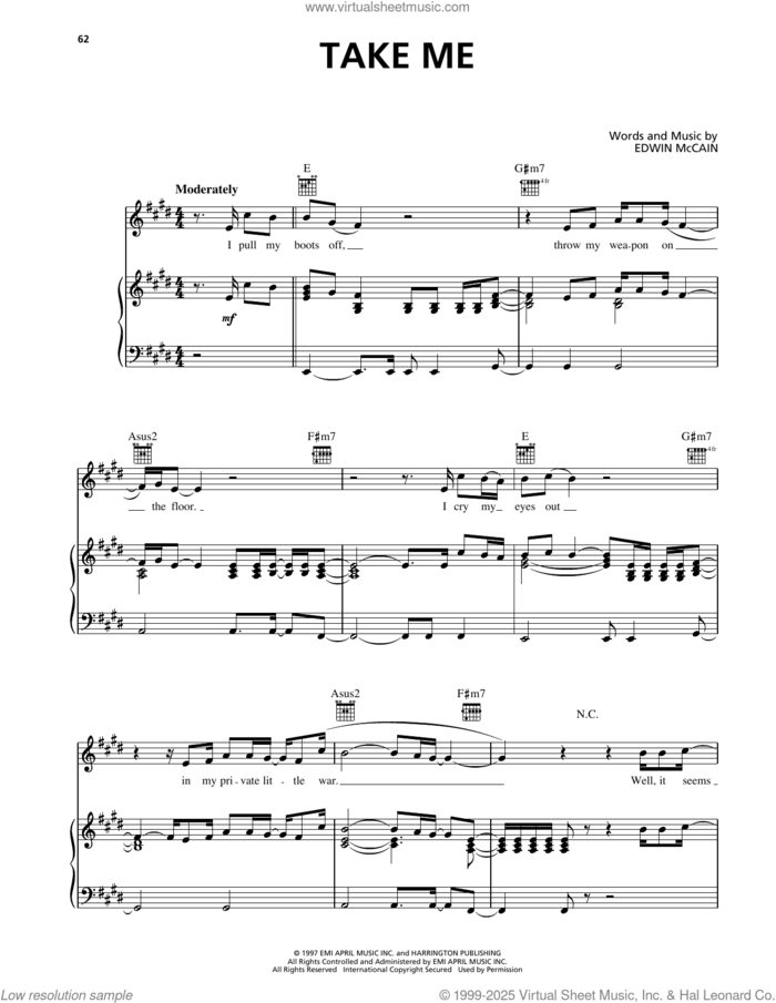 Take Me sheet music for voice, piano or guitar by Edwin McCain, intermediate skill level