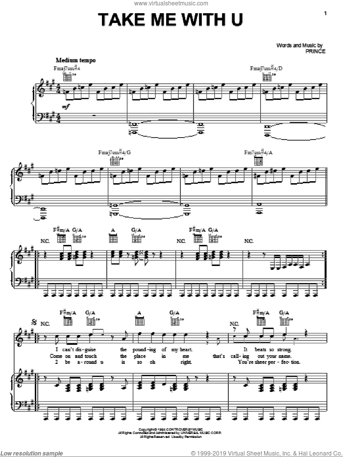 Take Me With U sheet music for voice, piano or guitar by Prince and Prince & The Revolution, intermediate skill level