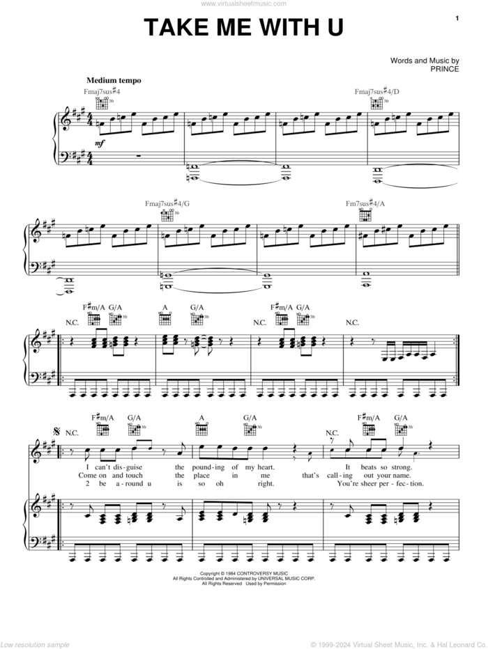 Take Me With U sheet music for voice, piano or guitar by Prince and Prince & The Revolution, intermediate skill level