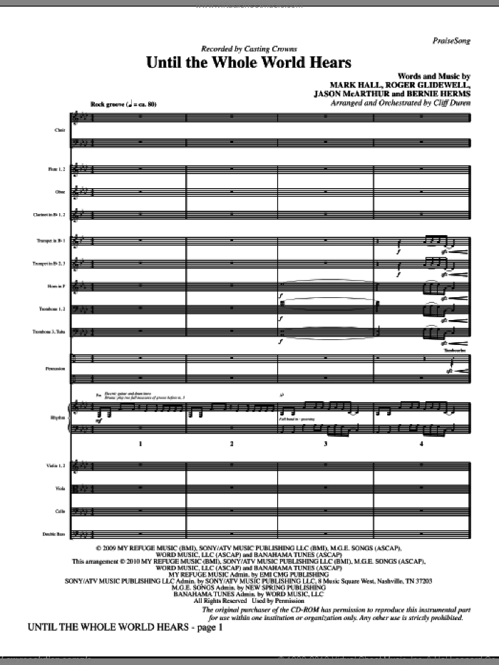 Until The Whole World Hears (complete set of parts) sheet music for orchestra/band (Orchestra) by Casting Crowns, Bernie Herms, Cliff Duren, Jason McArthur, Mark Hall and Roger Glidewell, intermediate skill level