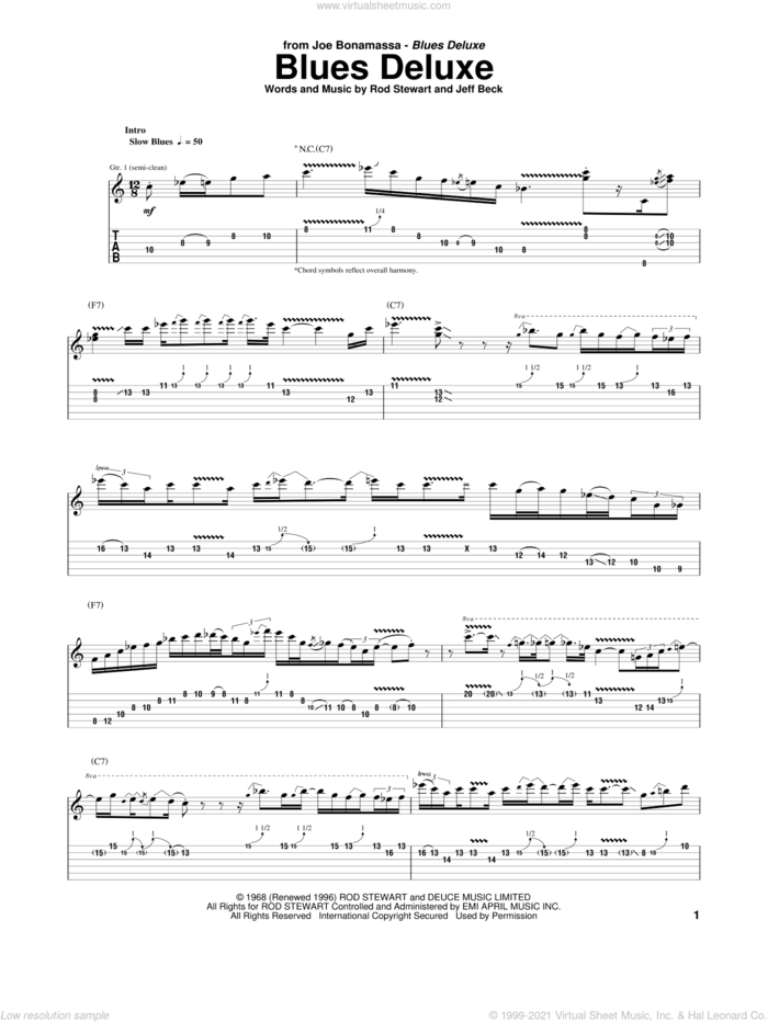 Blues Deluxe sheet music for guitar (tablature) by Joe Bonamassa, Jeff Beck and Rod Stewart, intermediate skill level