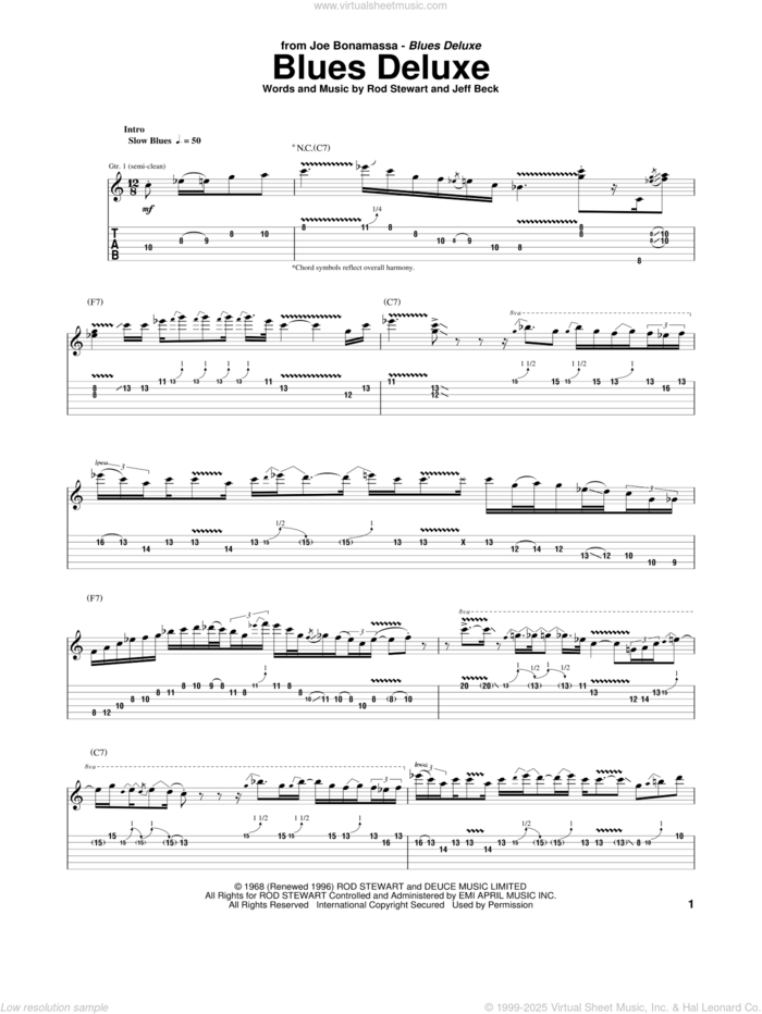 Blues Deluxe sheet music for guitar (tablature) by Joe Bonamassa, Jeff Beck and Rod Stewart, intermediate skill level