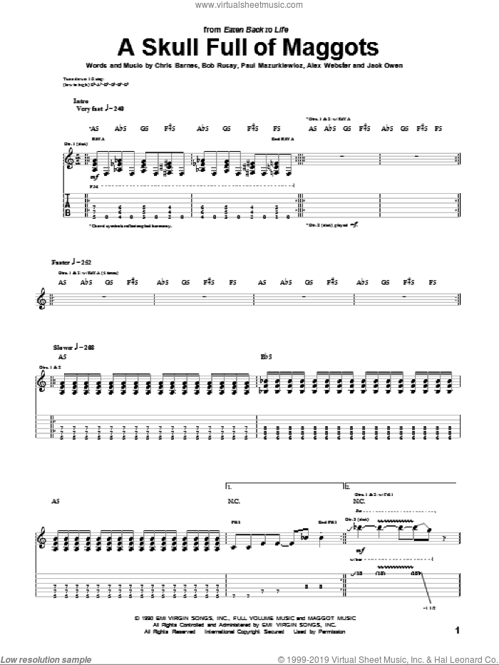 A Skull Full Of Maggots sheet music for guitar (tablature) by Cannibal Corpse, Alex Webster, Bob Rusay, Chris Barnes, Jack Owen and Paul Mazurkiewicz, intermediate skill level