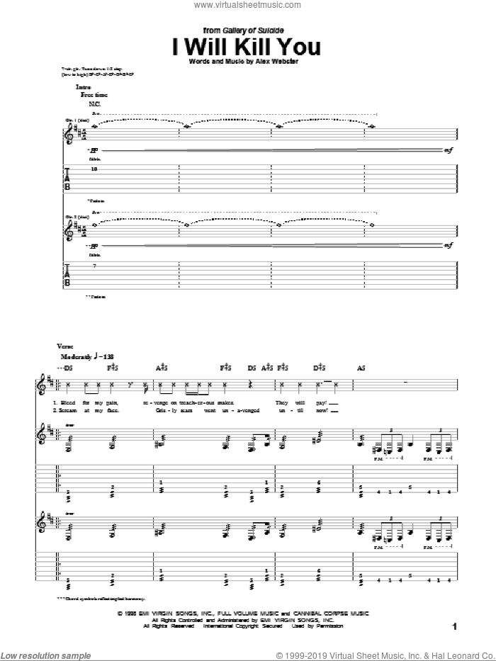 I Will Kill You sheet music for guitar (tablature) by Cannibal Corpse and Alex Webster, intermediate skill level