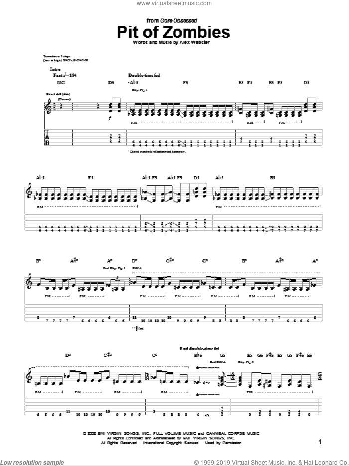Pit Of Zombies sheet music for guitar (tablature) by Cannibal Corpse and Alex Webster, intermediate skill level