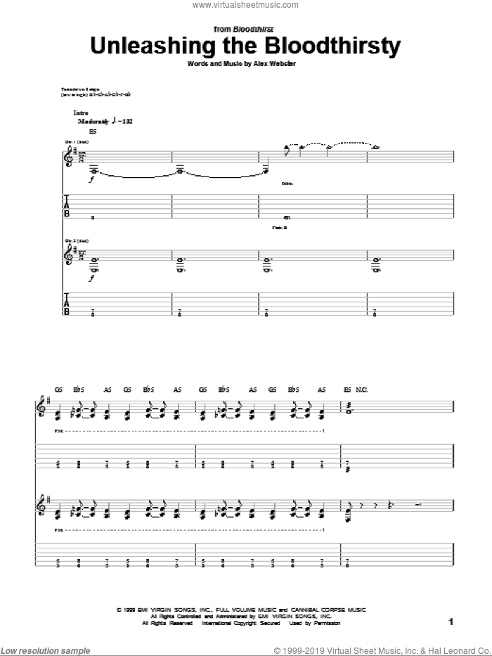 Unleashing The Bloodthirsty sheet music for guitar (tablature) by Cannibal Corpse and Alex Webster, intermediate skill level