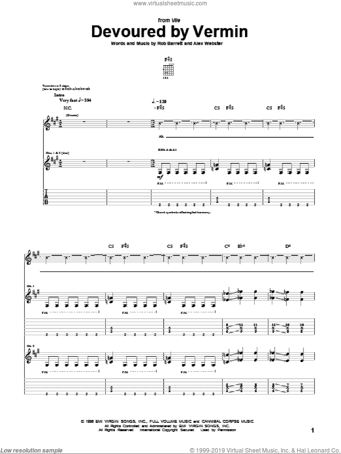 Devoured By Vermin sheet music for guitar (tablature) by Cannibal Corpse, Alex Webster and Rob Barrett, intermediate skill level