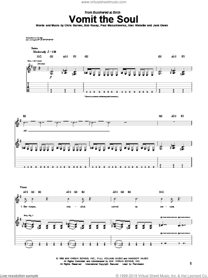 Vomit The Soul sheet music for guitar (tablature) by Cannibal Corpse, Alex Webster, Bob Rusay, Chris Barnes, Jack Owen and Paul Mazurkiewicz, intermediate skill level
