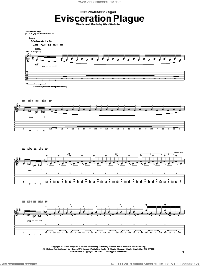 Evisceration Plague sheet music for guitar (tablature) by Cannibal Corpse and Alex Webster, intermediate skill level
