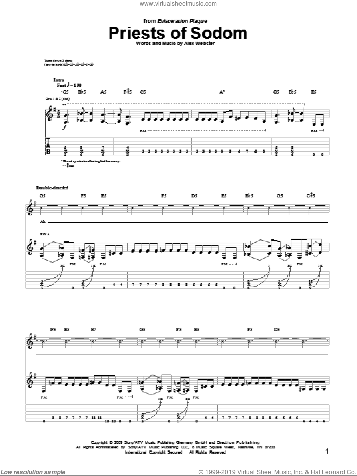 Priests Of Sodom sheet music for guitar (tablature) by Cannibal Corpse and Alex Webster, intermediate skill level