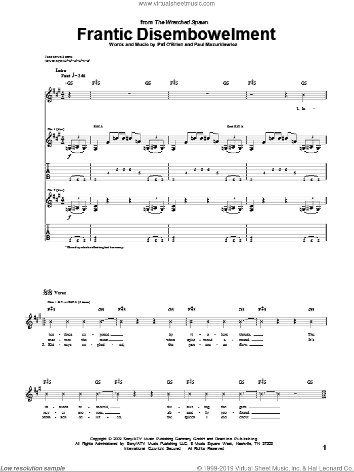 Frantic Disembowelment sheet music for guitar (tablature) by Cannibal Corpse and Paul Mazurkiewicz, intermediate skill level