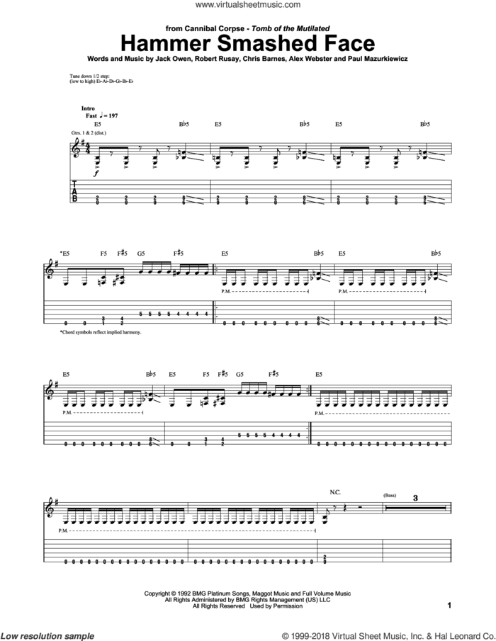 Hammer Smashed Face sheet music for guitar (tablature) by Cannibal Corpse, Alex Webster, Bob Rusay, Chris Barnes, Jack Owen and Paul Mazurkiewicz, intermediate skill level