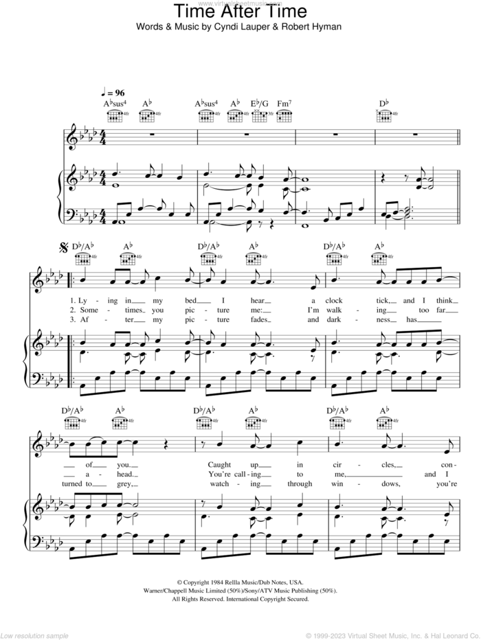 Time After Time sheet music for voice, piano or guitar by Journey South, Cyndi Lauper and Rob Hyman, intermediate skill level