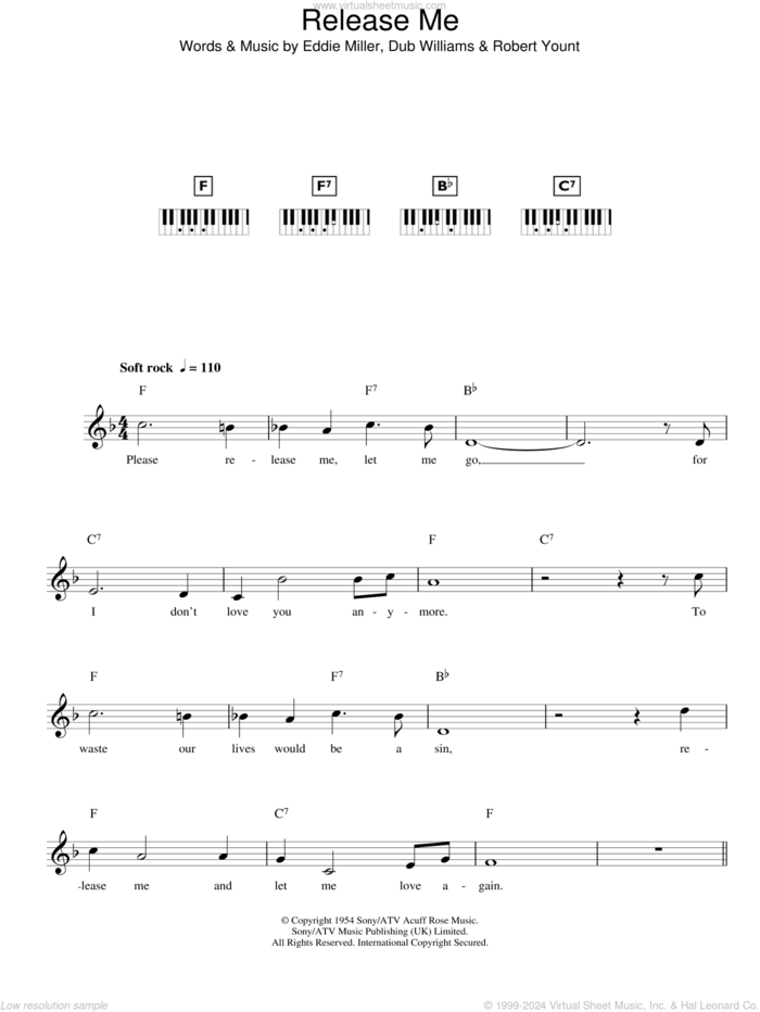 Release Me sheet music for piano solo (chords, lyrics, melody) by Engelbert Humperdinck, Dub Williams, Eddie Miller and Robert Yount, intermediate piano (chords, lyrics, melody)