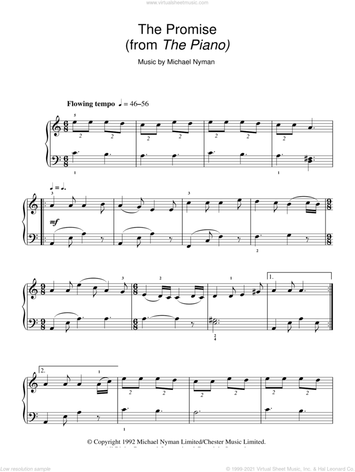 The Promise sheet music for piano solo by Michael Nyman and The Piano (Movie), intermediate skill level