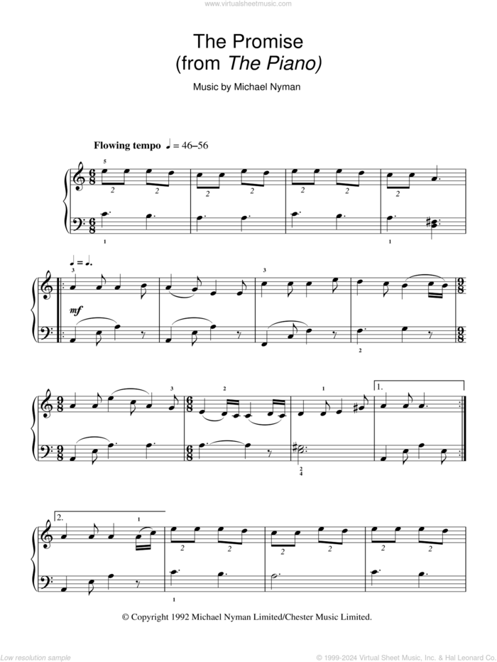 The Promise sheet music for piano solo by Michael Nyman and The Piano (Movie), intermediate skill level