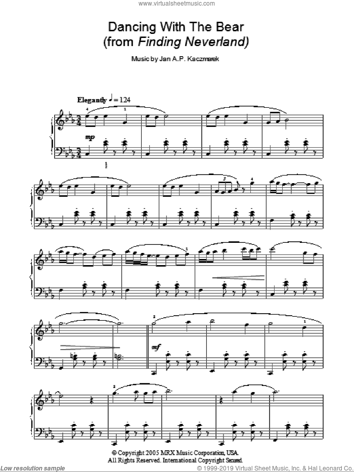 Dancing With The Bear sheet music for piano solo by Jan A.P. Kaczmarek and Finding Neverland (Movie), intermediate skill level