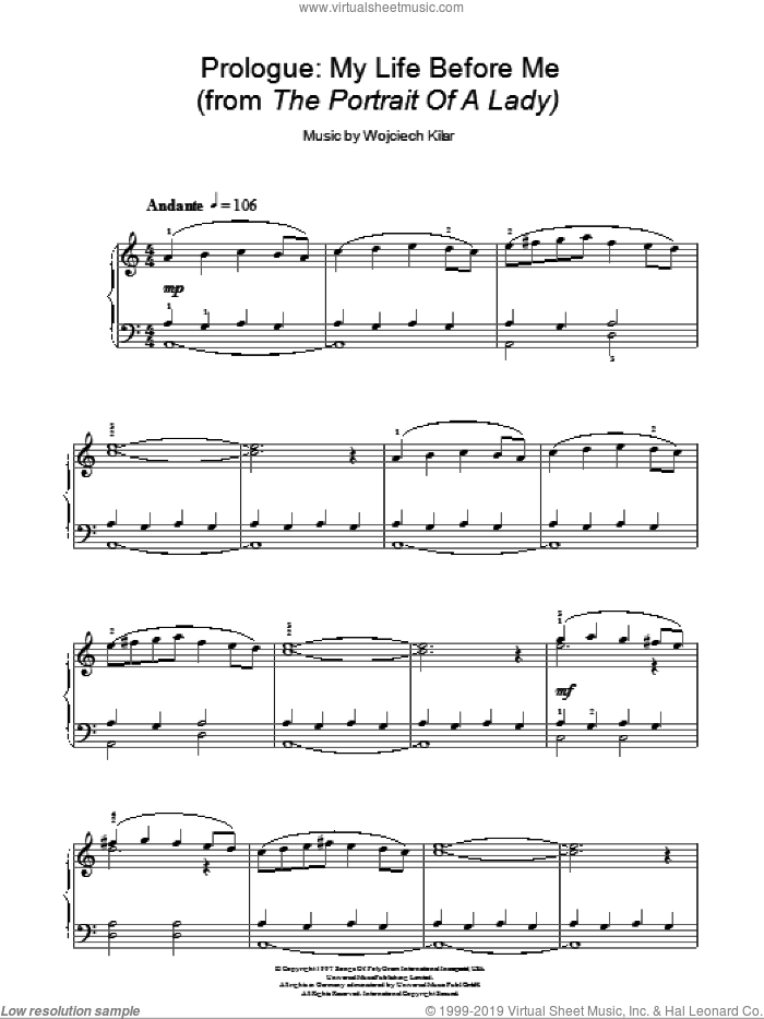 Prologue: My Life Before Me sheet music for piano solo by Wojciech Kilar, intermediate skill level