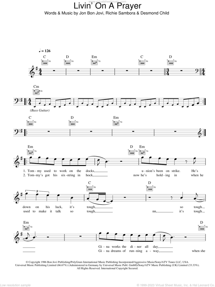 Livin' On A Prayer sheet music for voice and other instruments (fake book) by Bon Jovi, Desmond Child and Richie Sambora, intermediate skill level