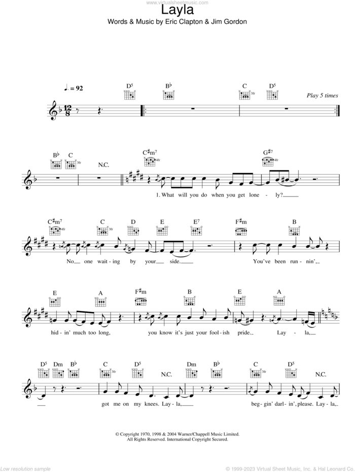 Layla sheet music for voice and other instruments (fake book) by Eric Clapton and Jim Gordon, intermediate skill level