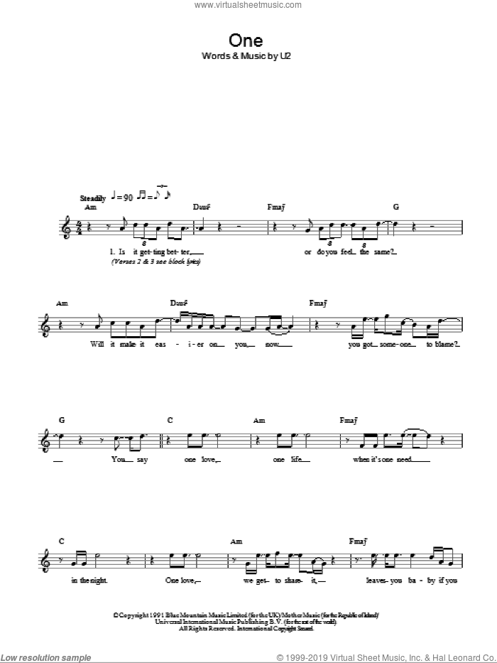 One sheet music for voice and other instruments (fake book) by U2, intermediate skill level