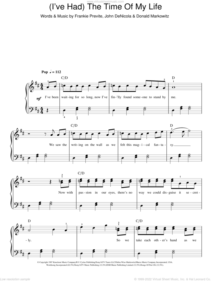 (I've Had) The Time Of My Life sheet music for piano solo by Bill Medley & Jennifer Warnes, Bill Medley, Jennifer Warnes, Donald Markowitz, Frankie Previte and John DeNicola, easy skill level