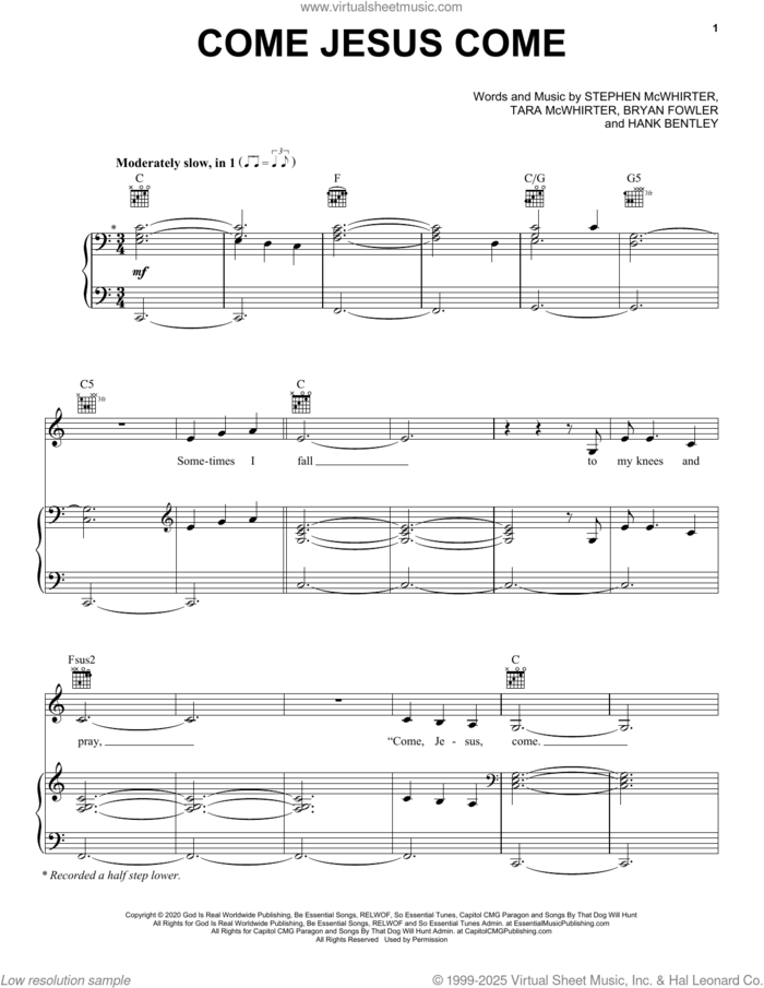 Come Jesus Come sheet music for voice, piano or guitar by CeCe Winans, Bryan Fowler, Hank Bentley, Stephen Mcwhirter and Tara Mcwhirter, intermediate skill level