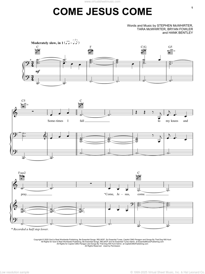 Come Jesus Come sheet music for voice, piano or guitar by CeCe Winans, Bryan Fowler, Hank Bentley, Stephen Mcwhirter and Tara Mcwhirter, intermediate skill level