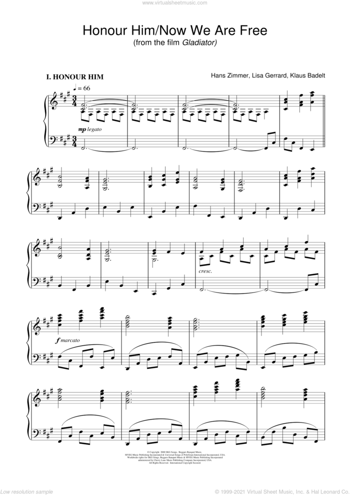 Honor Him/Now We Are Free (from Gladiator) sheet music for piano solo by Hans Zimmer, Klaus Badelt and Lisa Gerrard, intermediate skill level