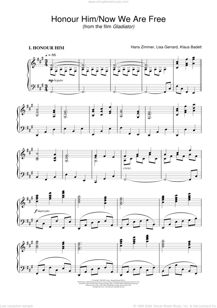 Honor Him/Now We Are Free (from Gladiator) sheet music for piano solo by Hans Zimmer, Klaus Badelt and Lisa Gerrard, intermediate skill level