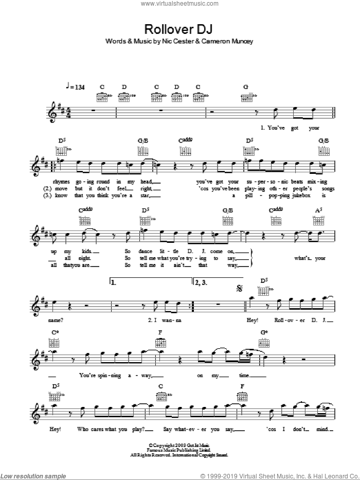 Rollover D. J. sheet music for voice and other instruments (fake book) by Nic Cester and Cameron Muncey, intermediate skill level