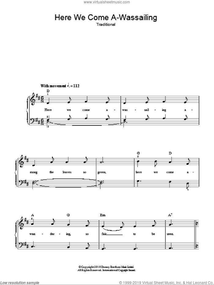 Here We Come A-Wassailing sheet music for voice, piano or guitar, intermediate skill level