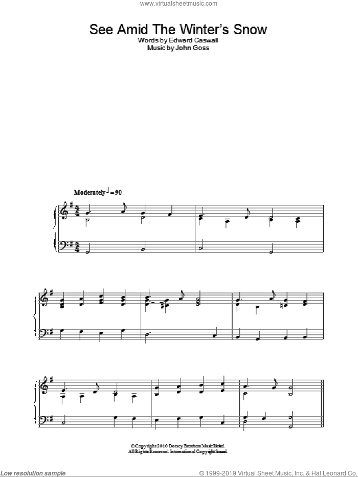 See Amid The Winter's Snow sheet music for piano solo by Edward Caswall and John Goss, intermediate skill level