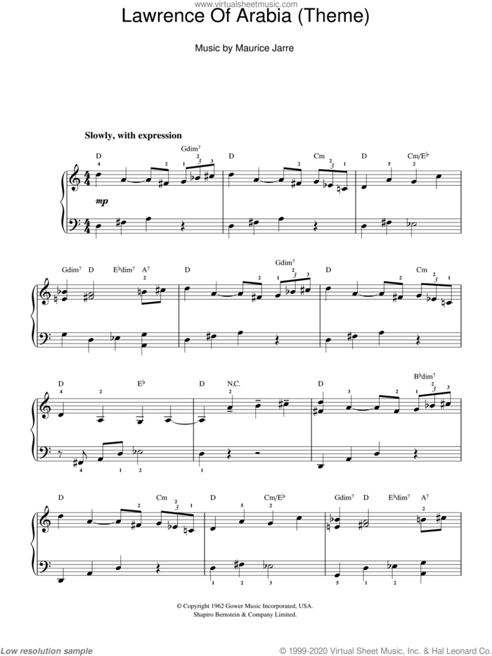 Lawrence Of Arabia (Main Titles), (easy) sheet music for piano solo by Maurice Jarre, easy skill level