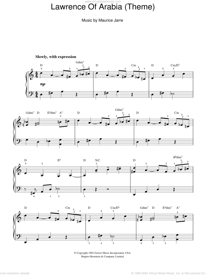 Lawrence Of Arabia (Main Titles), (easy) sheet music for piano solo by Maurice Jarre, easy skill level