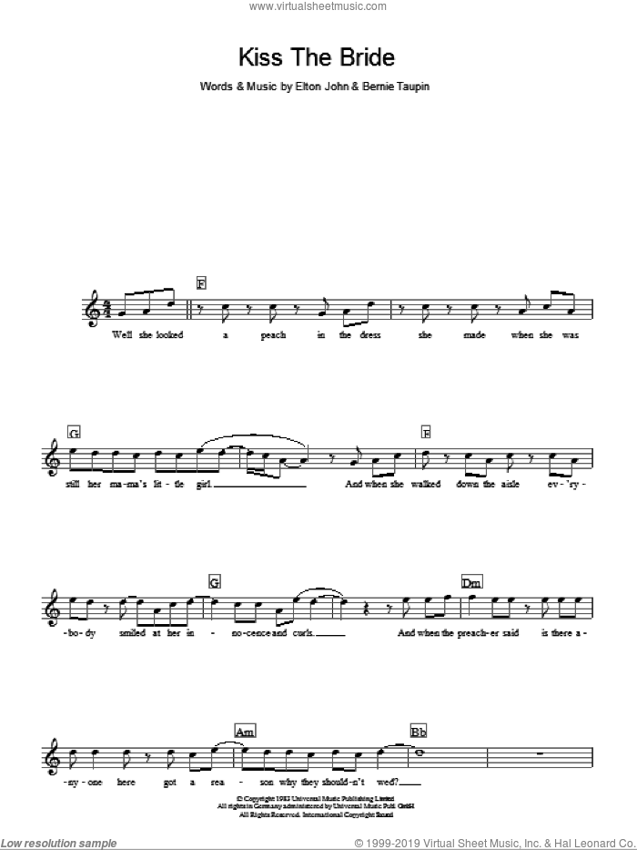 Kiss The Bride sheet music for voice and other instruments (fake book) by Elton John and Bernie Taupin, intermediate skill level