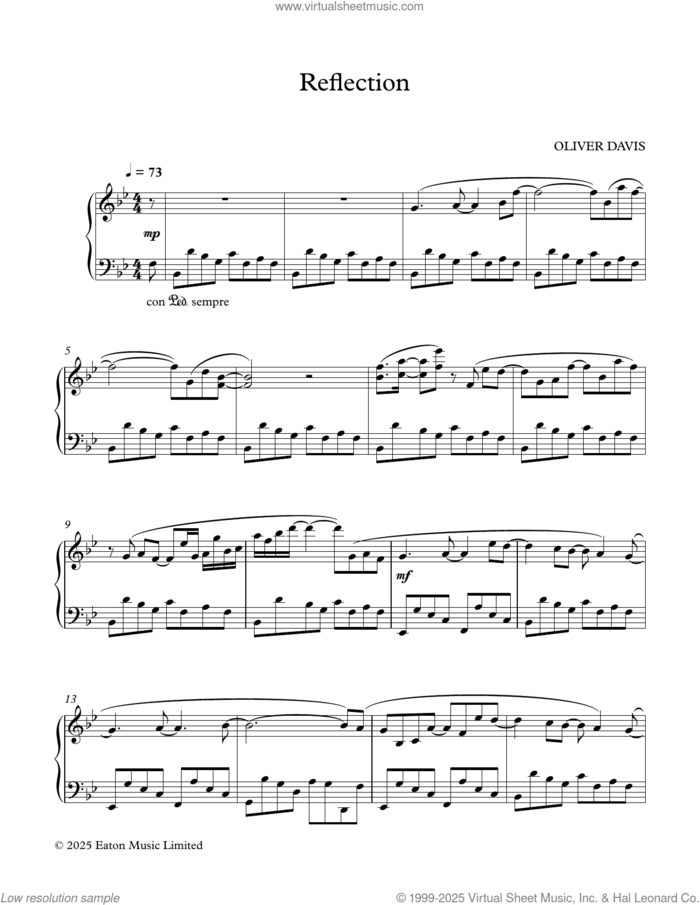 Reflection sheet music for piano solo by Oliver Davis, classical score, intermediate skill level