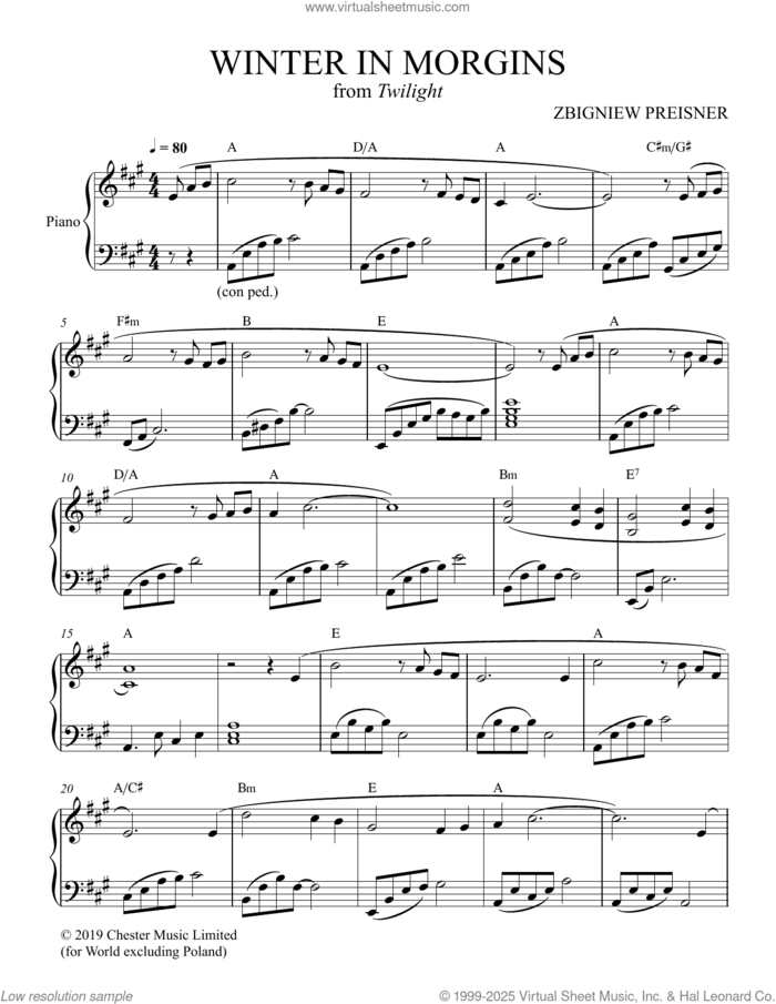 Winter In Morgins sheet music for piano solo by Zbigniew Preisner, intermediate skill level