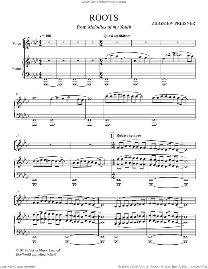 Roots sheet music for voice and piano by Zbigniew Preisner, intermediate skill level