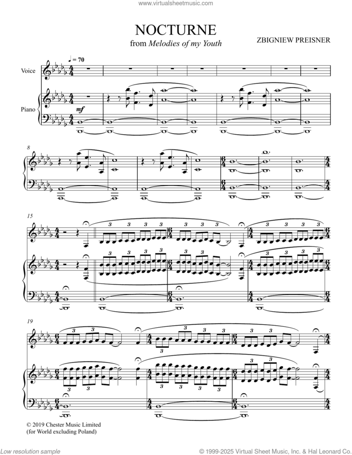 Nocturne sheet music for voice and piano by Zbigniew Preisner, intermediate skill level