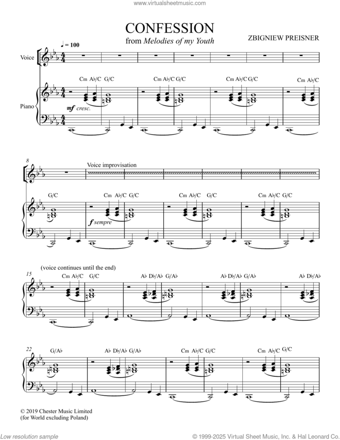 Confession sheet music for voice and piano by Zbigniew Preisner, intermediate skill level