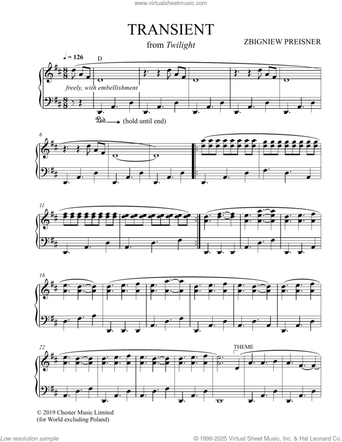 Transient sheet music for piano solo by Zbigniew Preisner, intermediate skill level
