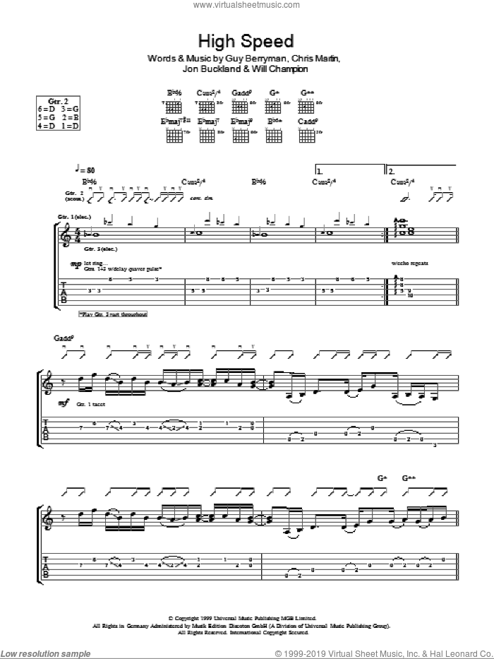 High Speed sheet music for guitar (tablature) by Coldplay, Chris Martin, Guy Berryman, Jon Buckland and Will Champion, intermediate skill level